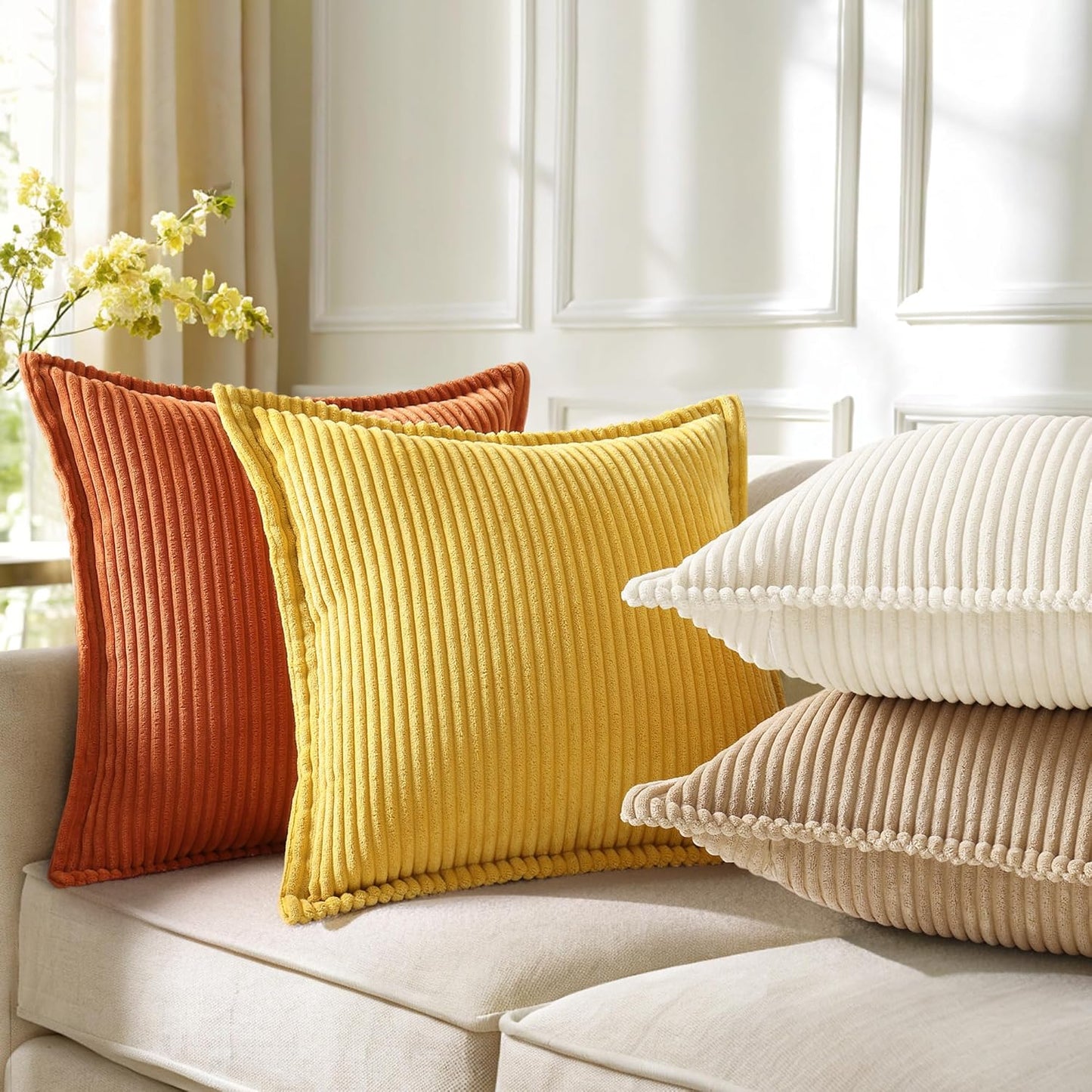 decorUhome Corduroy Mustard Yellow Throw Pillow Covers 22x22 Set of 2 Decorative Soft Boho Farmhouse Euro Couch Pillow Covers for Living Room Bed Sofa Broadside Striped Pillow Cases