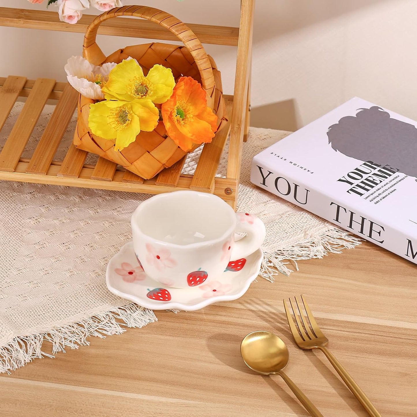 Koythin Ceramic Coffee Mug with Saucer Set, Cute Creative Cup Unique Irregular Saucer Design for Office and Home, 6 oz/180 ml for Latte Tea Milk (Strawberries and Flowers)