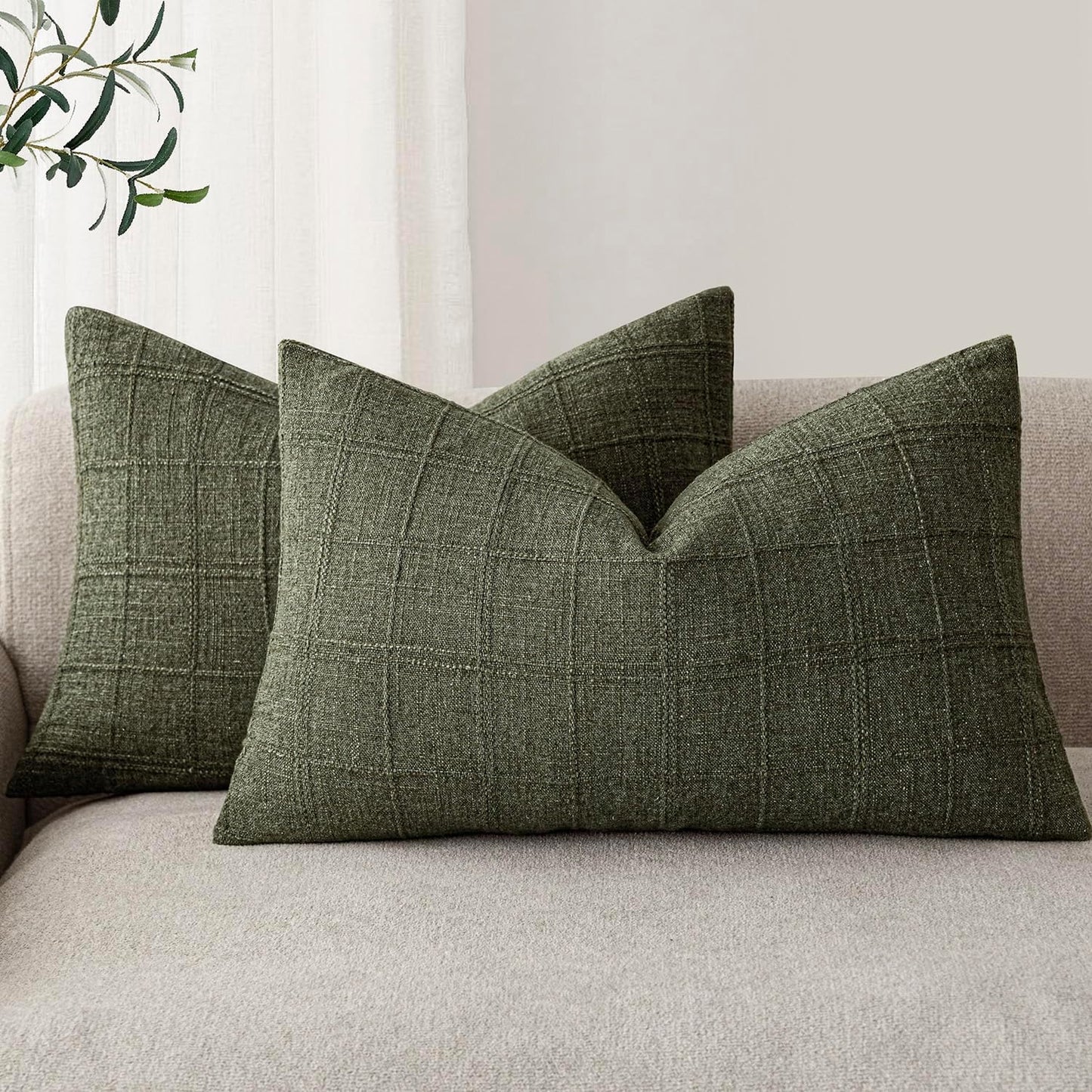 Foindtower Set of 2 Decorative Linen Check Throw Pillow Covers Neutral Farmhouse Lumbar Cushion Covers Modern Boho Home Decor for Sofa Chair Couch Bedroom Living Room,12×20 Inch,Olive Green