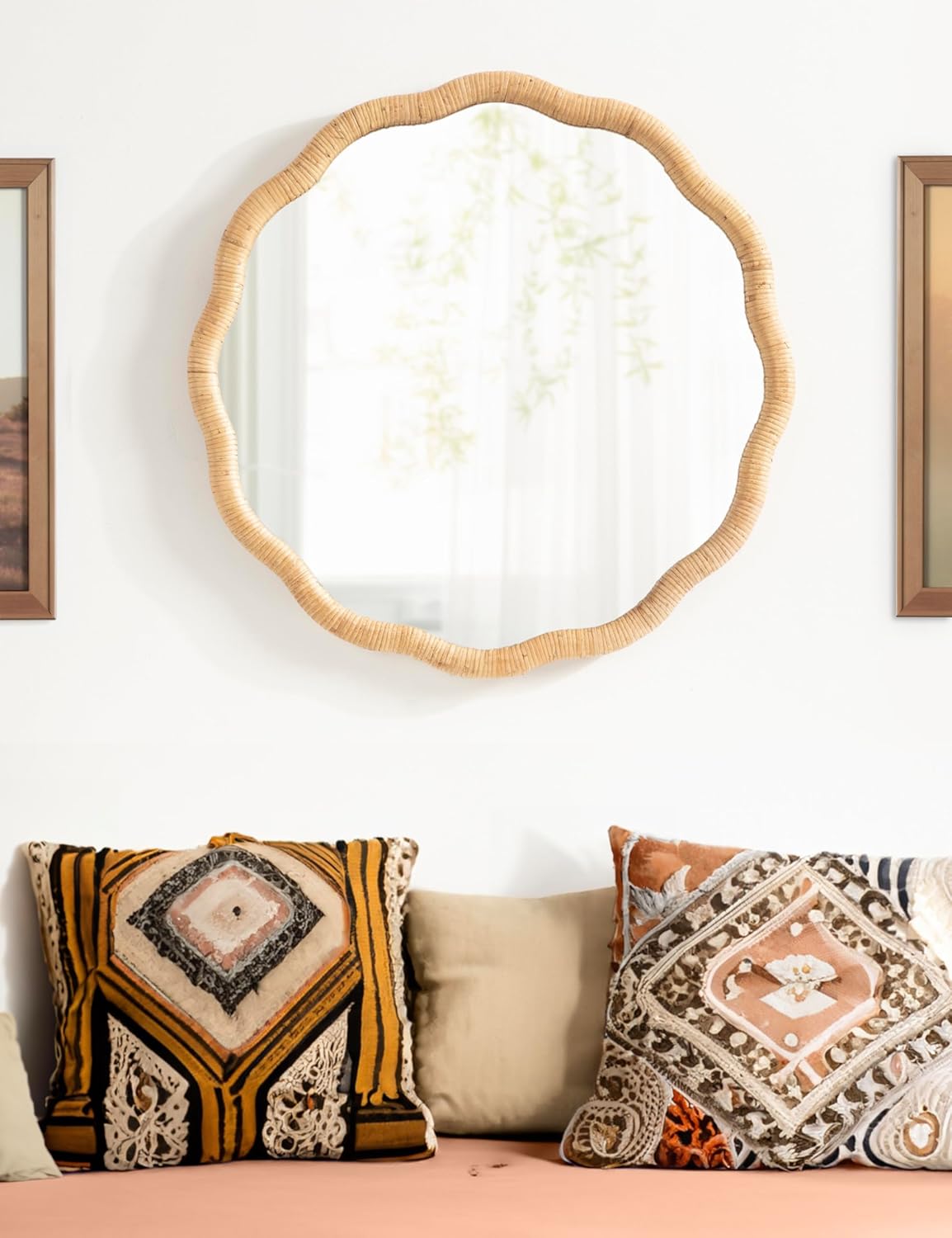 Kate and Laurel Rahfy Boho Scalloped Round Rattan Mirror; 26 Inch Diameter; Natural Wood; Decorative Round Wavy Mirror with Authentic Rattan Frame for Boho Wall Decor