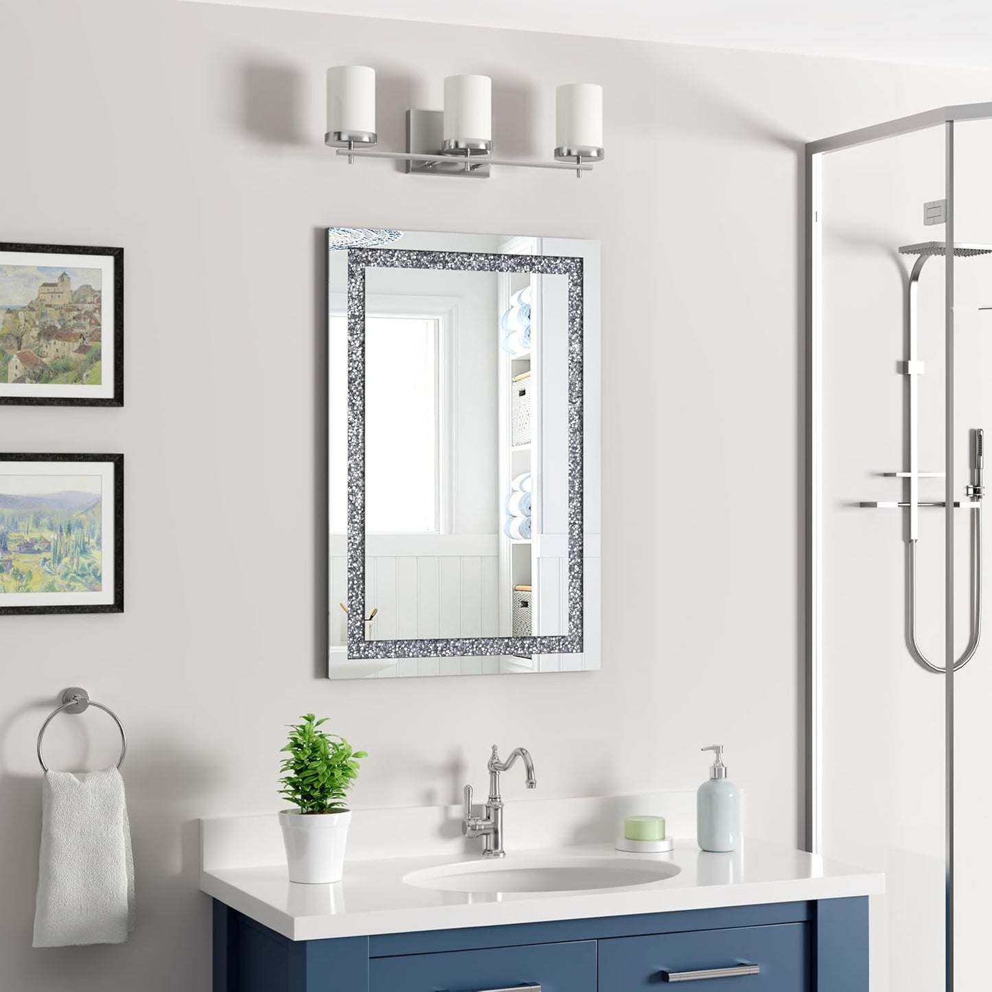 Crystal Decorative Mirror-16 x24 Rectangle Gorgeous Silver Mirror, Crush Diamond Mirror for Wall Decoration Bedroom, Hallway, Dining Room