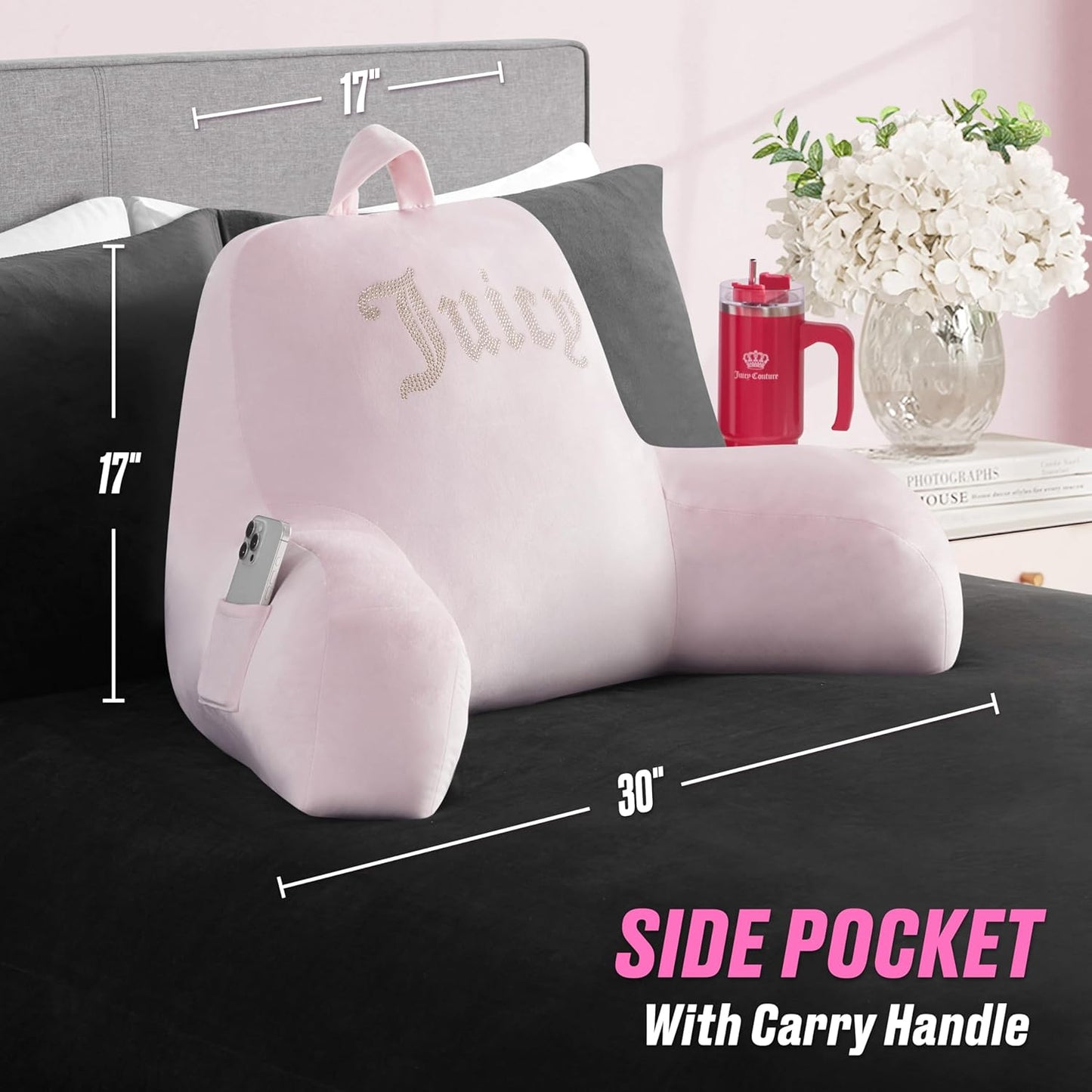Juicy Couture Velour Backrest Pillow with Rhinestone Juicy Logo - 30"x17", Light Pink Supportive Bed Rest Pillow for Reading, Gaming, or Relaxing