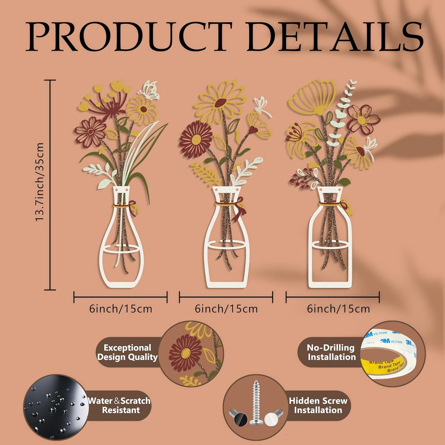 Iron Metal Vase Flower Wall Art Set of 3 - Minimalist Black Floral Decor for Living Room Bedroom Kitchen, Office Garden - Modern Farmhouse Home Decor & Housewarming Gifts (Yellow-Brown)