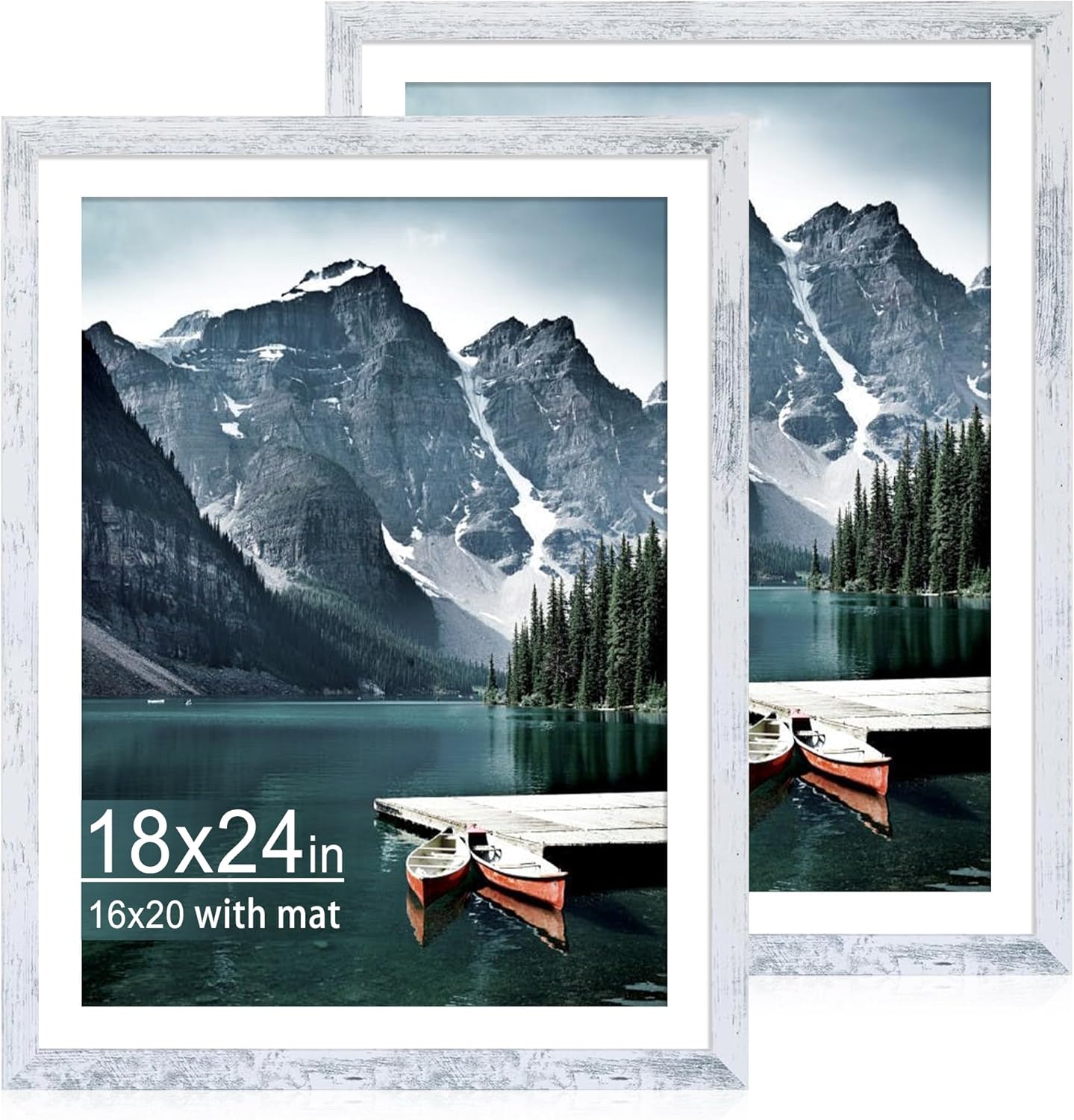 iRahmen 18x24 Picture Frame Set of 2 with Plexiglass, Distressed White Wood Poster Frame Display Picture 16x20 with Mat or 18 x 24 Without Mat for Photo Gallery Wall Mounting