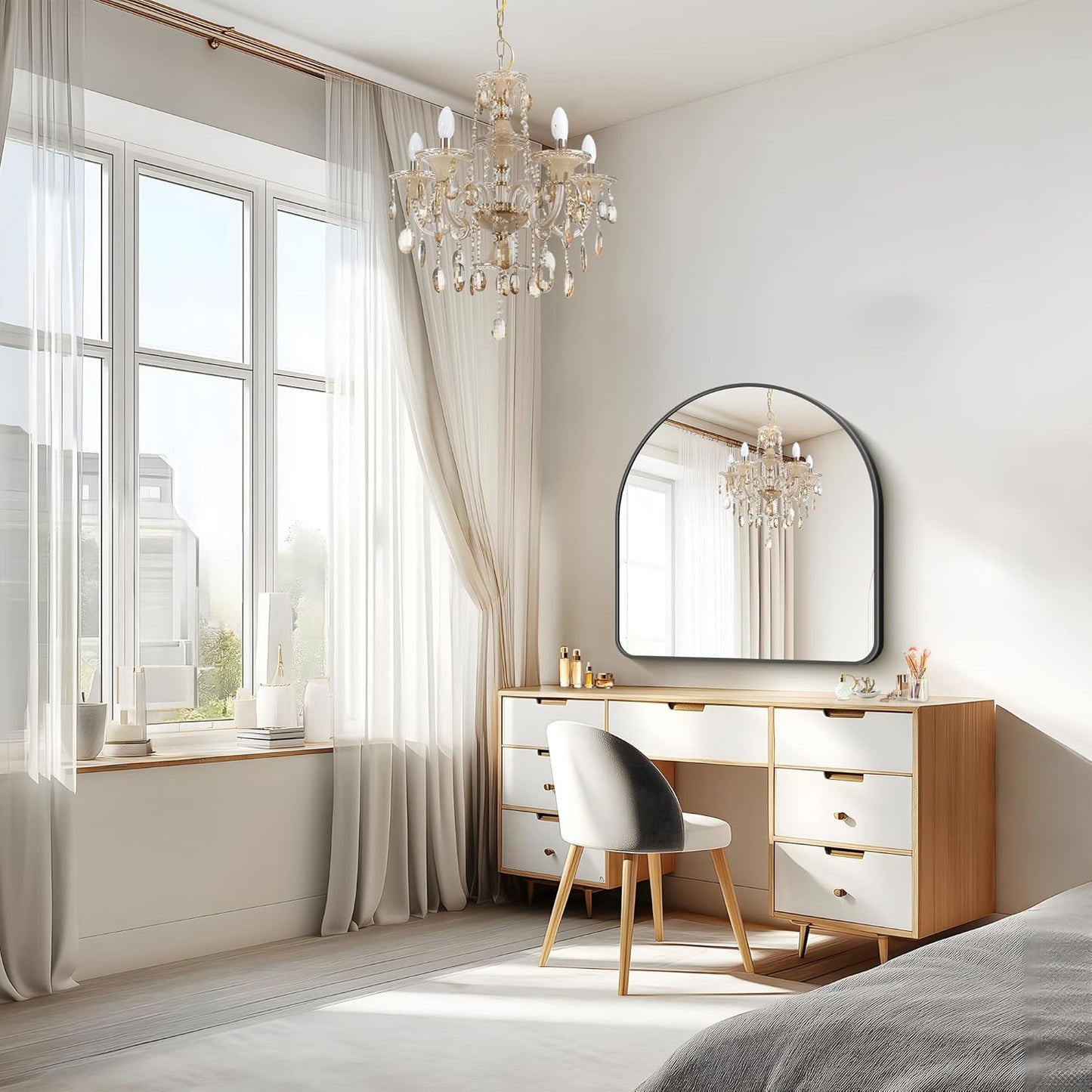 FORBATH Arched Bathroom Mirror 30x30 Inch, Bathroom Mirror Wall Mounted Modern Black Aluminum Frame Decor Dresser Mirror for Bedroom Living Room Entryway, Hanging or Leaning Against Wall