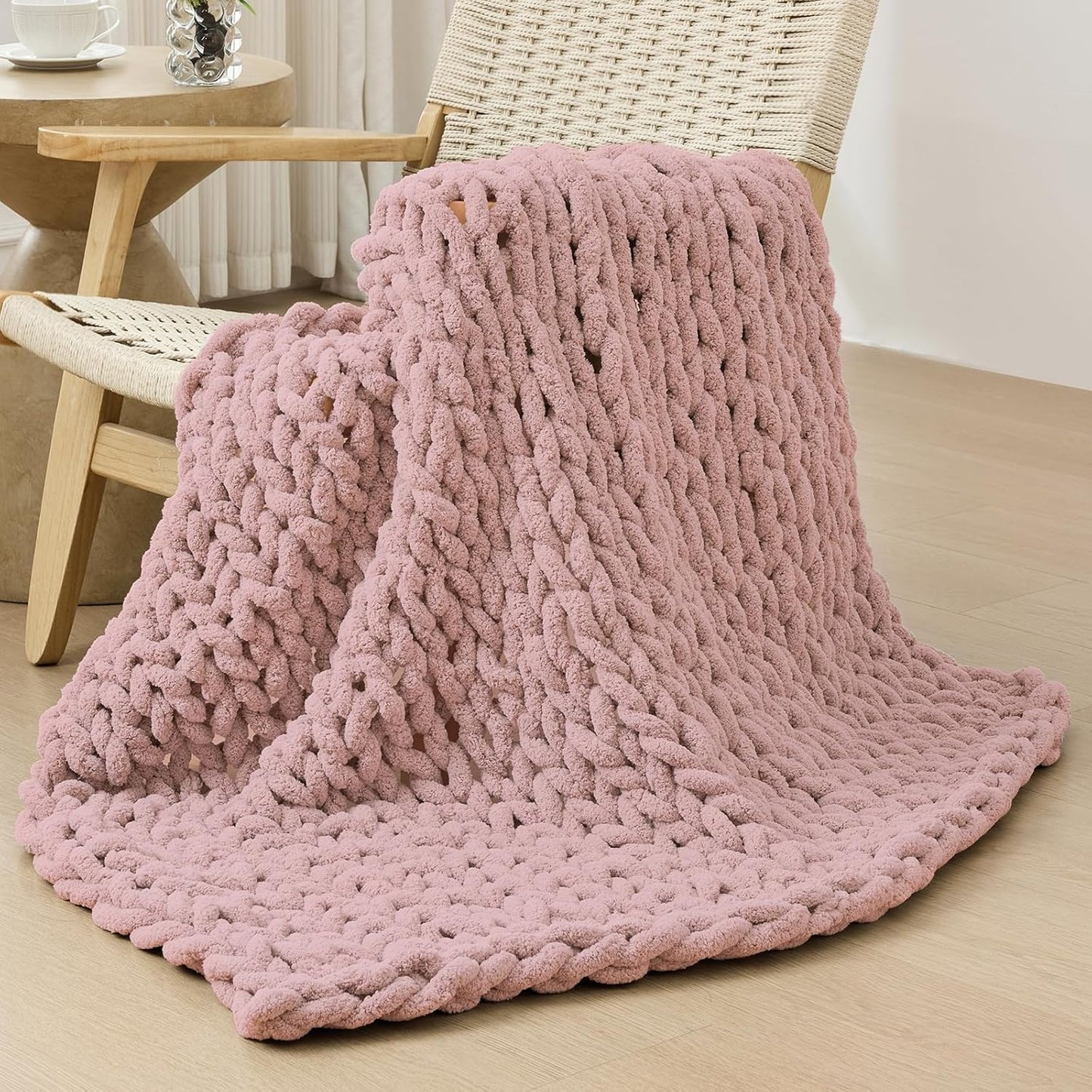 Bigacogo Chunky Knit Throw Blanket for Couch, 40x40 inches, 100% Hand Knitted with Thick Jumbo Chenille Yarn, Cozy Soft Large Rope Knot Cable Crochet Blankets for Sofa Bed Living Room, Dusty Pink