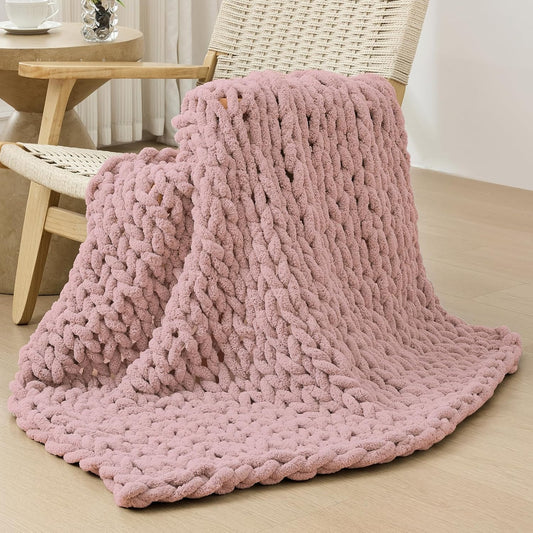 Bigacogo Chunky Knit Throw Blanket for Couch, 40x40 inches, 100% Hand Knitted with Thick Jumbo Chenille Yarn, Cozy Soft Large Rope Knot Cable Crochet Blankets for Sofa Bed Living Room, Dusty Pink