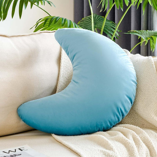 Dusty Blue Moon Pillow, 19.6" Cute Soft Velvet Half Moon Shape Plush Decorative Throw Pillows Cushions Room Decor for Couch Bedroom Living Room