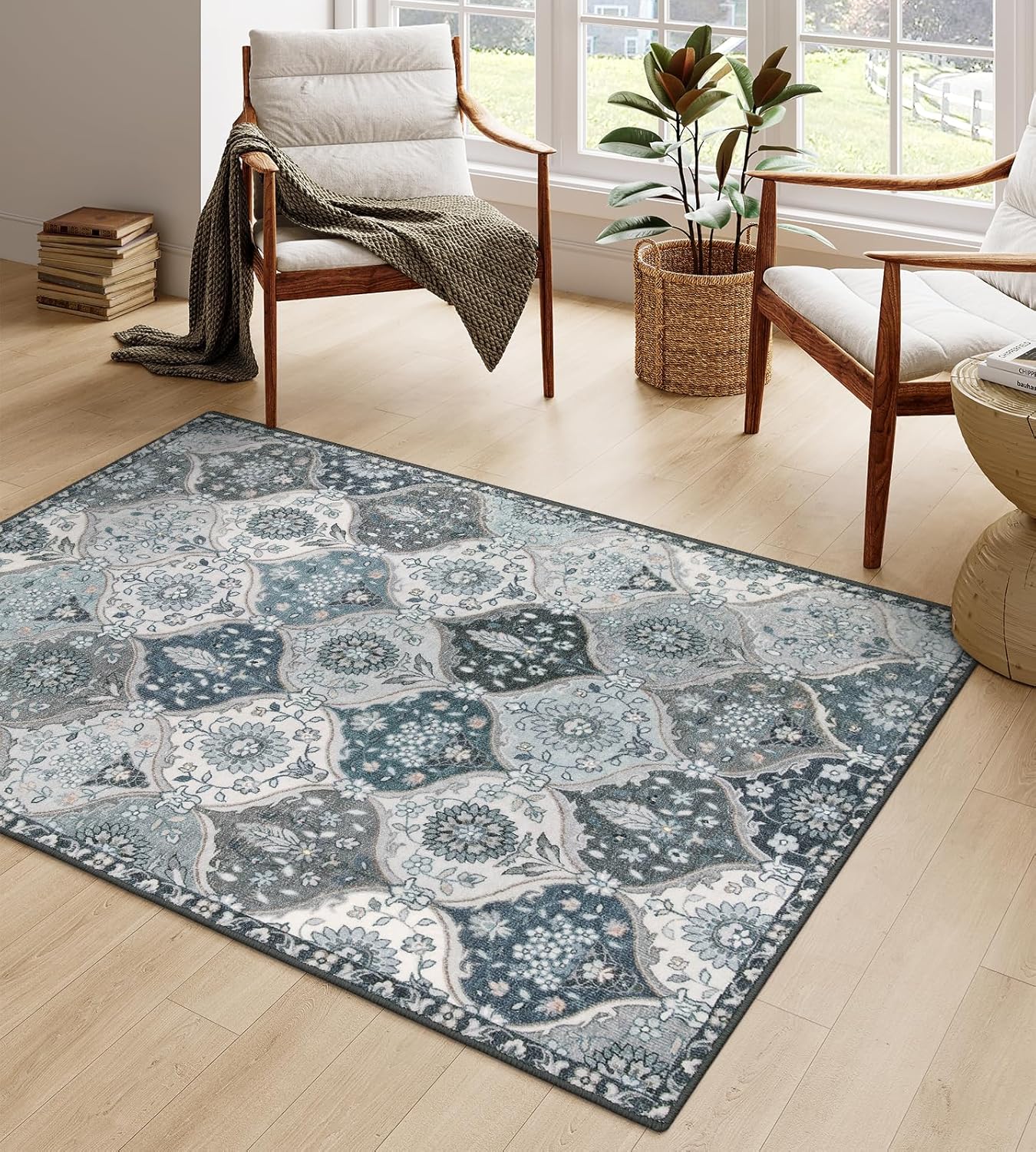 Lahome Moroccan Washable Living Room Rug, 5x8 Rugs for Bedroom Dining Room, Soft Non-Slip Non Shedding Boho Distressed Throw Carpet for Nursery Office, Blue