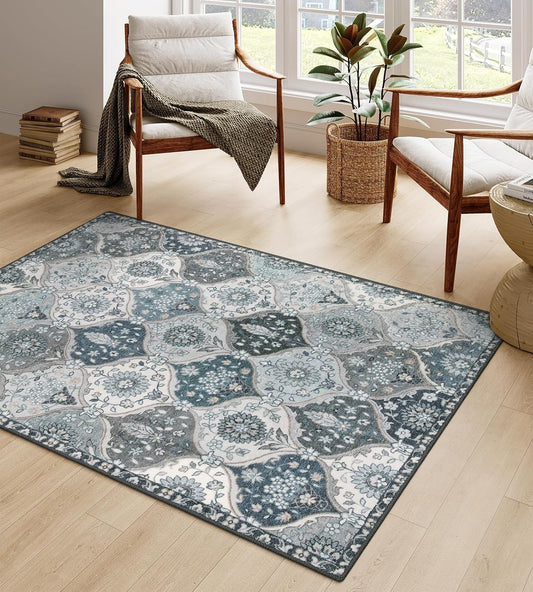 Lahome Moroccan Washable Living Room Rug, 5x8 Rugs for Bedroom Dining Room, Soft Non-Slip Non Shedding Boho Distressed Throw Carpet for Nursery Office, Blue