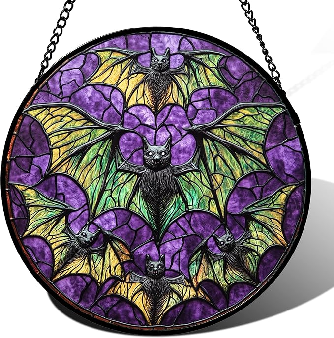 Stained Glass Window Hanging - Halloween Decorations Bats Suncatcher for Doors Garden Indoor Spooky Funny Purple Sun Catchers Gothic Decor Horror Gifts for Women Men Friend 9.8 in