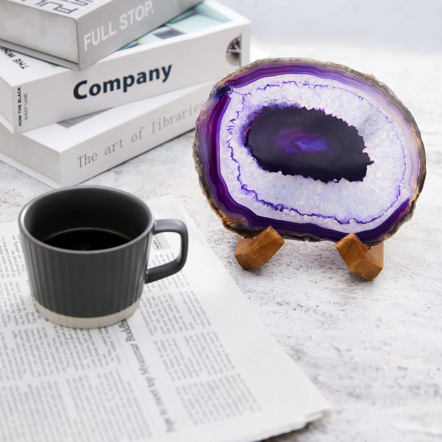 Luxury Lane Large Natural Brazilian Agate Slice Geode Rock Stone Drink Coaster with Wood Holder 4.7-5.5 inch Centerpiece Table Decoration, Amethyst Purple