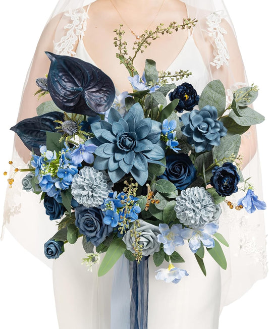 Ling's moment Dusty Blue Wedding Bouquets for Bride, Navy Blue Bridal Bouquets for Bride, 13 Inch Free Form Artificial Wedding Flower Bouquet