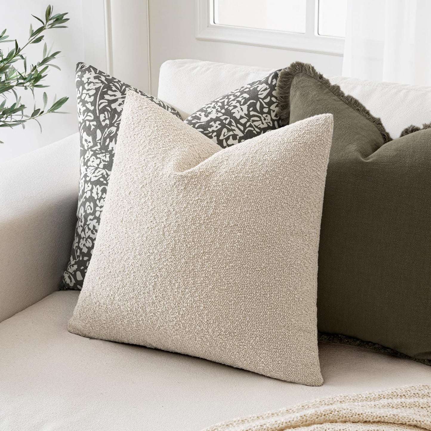 MIULEE 24x24 Christmas Decorative Euro Sham Throw Pillows for Bed Set of 2 Textured Boucle Neutral Winter Throw Pillow Covers Natural Beige Accent Solid Couch Pillowcase Sofa Livingroom Home Decor