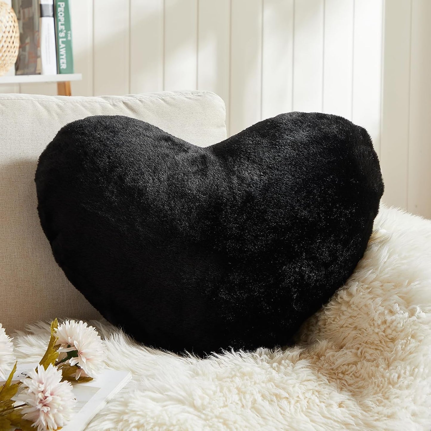 EastTree Heart Pillows, Black Heart Shaped Pillows, Love Throw Pillows Gifts, Ultra Soft Faux Rabbit Fur Small Cute Pillows, Women Girls Kid Room Decor 10x13 Inch