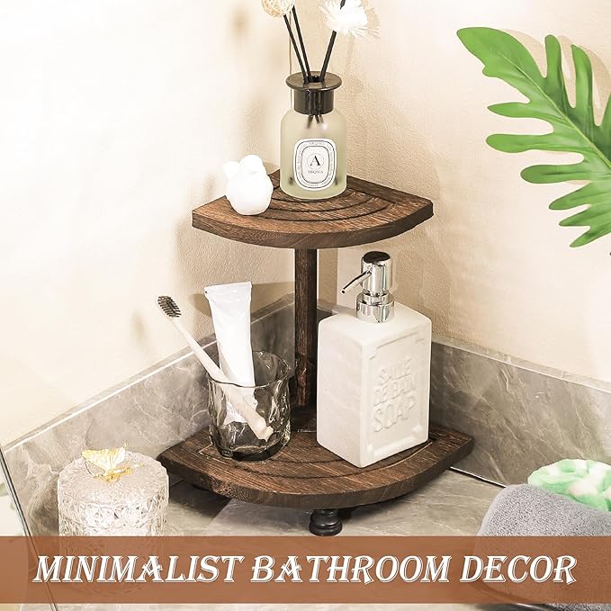 Tikea Decorative Wood Riser for Display, 2-Tier Rustic Corner Shelf for Kitchen Bathroom Counter Decor, Farmhouse Riser for Soap Dispenser and Plant (Brown)