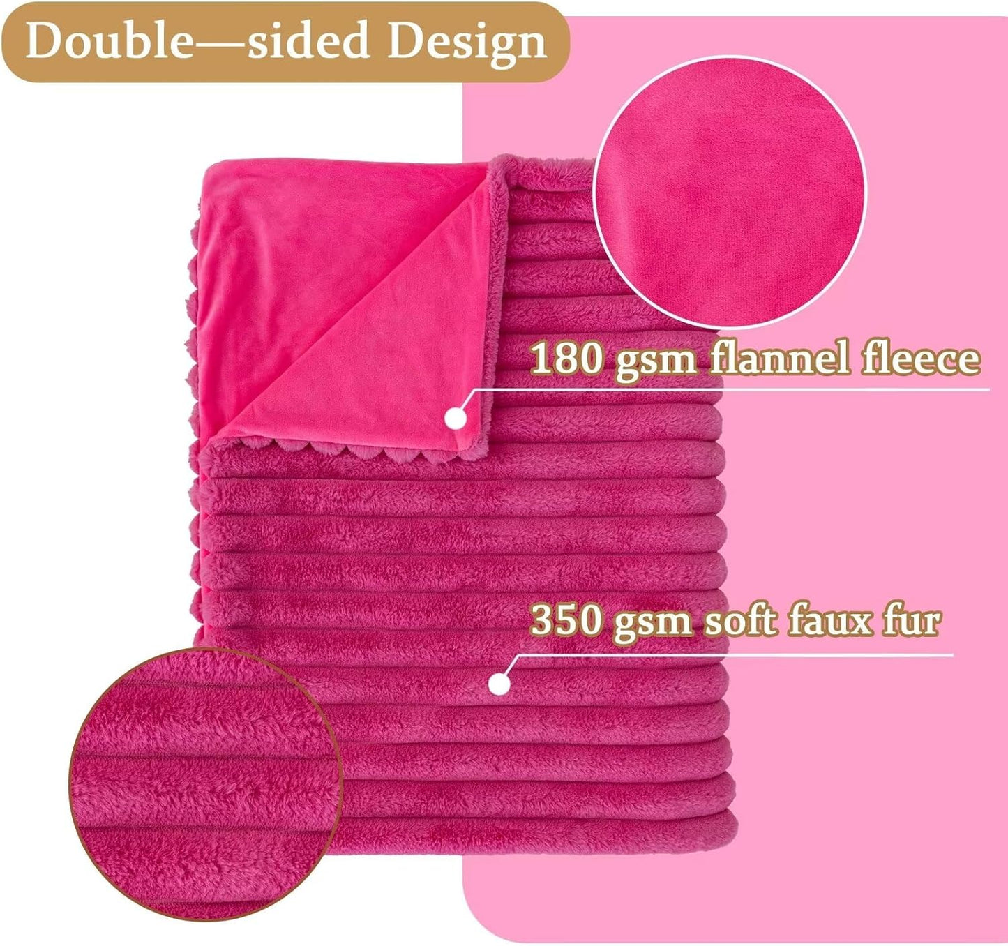 Hot Pink Faux Fur Throw Blanket for Couch, Fuzzy Cozy Soft Warm Plush Striped Throw Blanket, Christmas Decorative Fluffy Winter Blanket for Sofa Bed Living Room Home Decor, 60"x80"