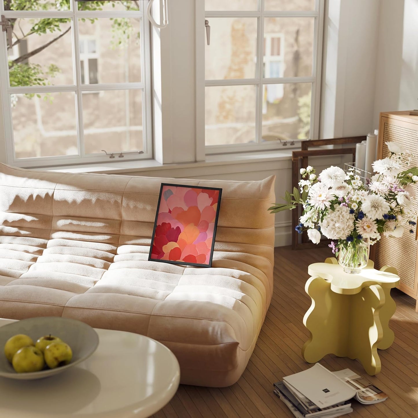 HAUS AND HUES Colorful Abstract Wall Art - Minimalist Retro Picture for Living Room Decor, Red and Pink Modern Wall Art Painting (Petals 1, Black Frame, 11x14)