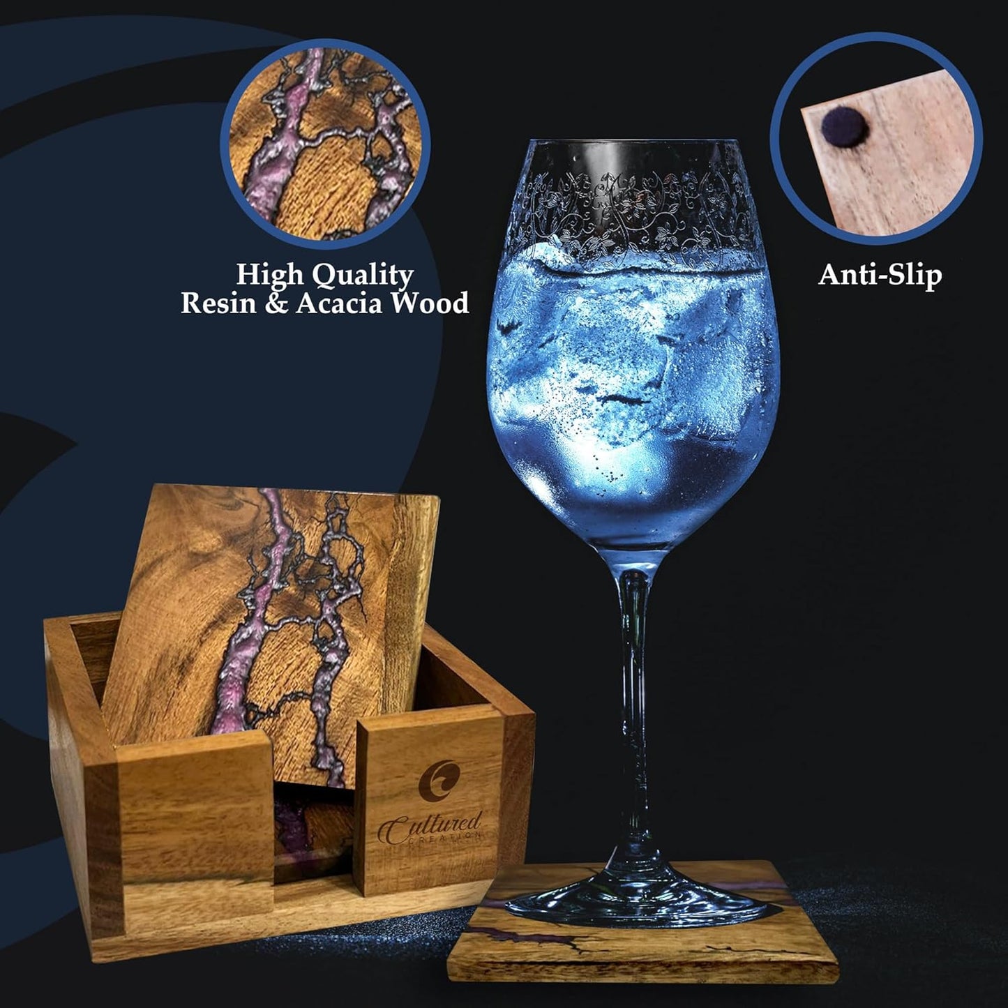 Beautiful Epoxy Resin and Wood Coaster Set - Ideal for Tabletop Protection - Enhance Your Coffee Table Decor - (Frcatal Burning Pink)