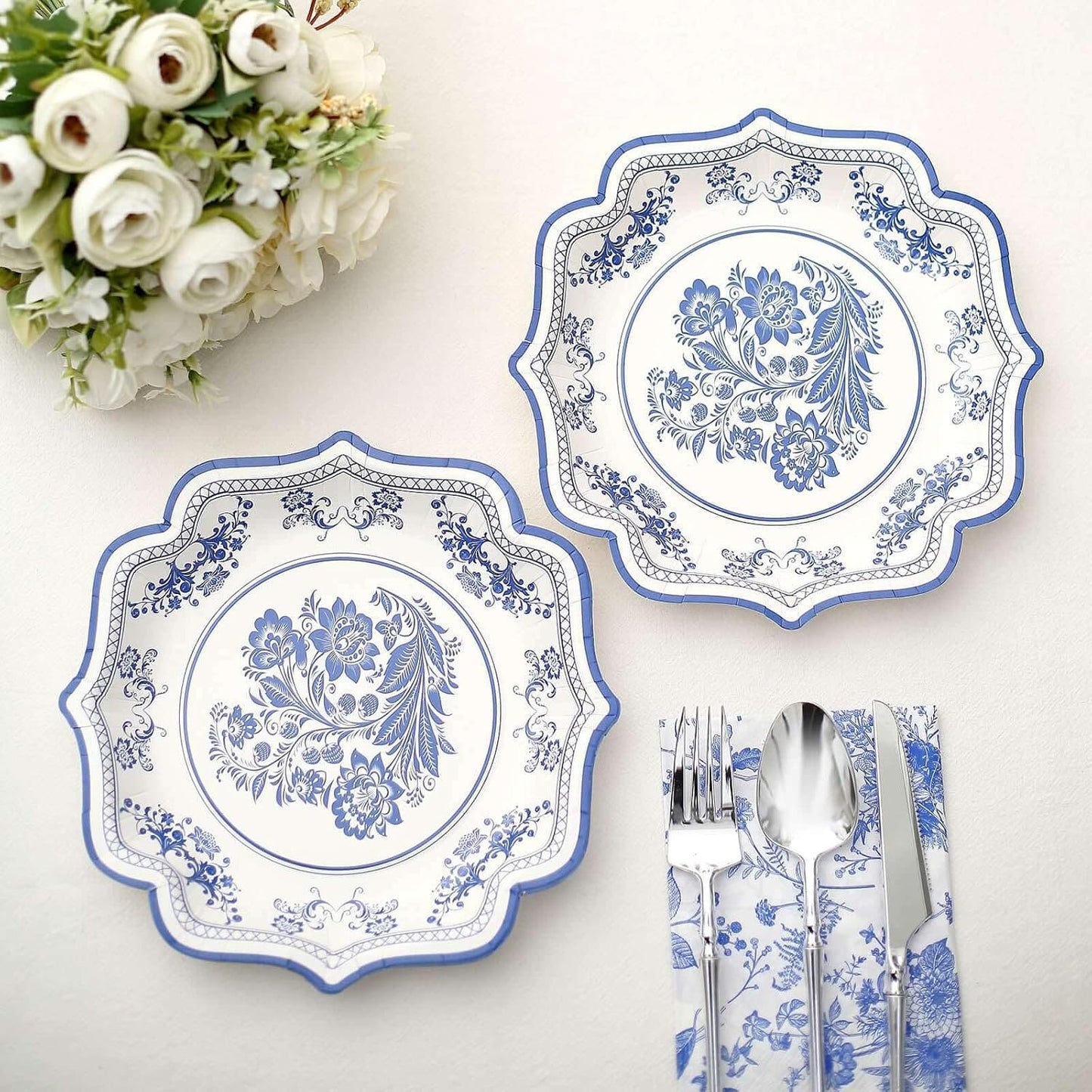 Efavormart 25 Pack | 8" White/Blue Chinoiserie Floral Print Paper Dessert Plates With Scalloped Rims, Disposable Salad Appetizer Plates - 300 GSM