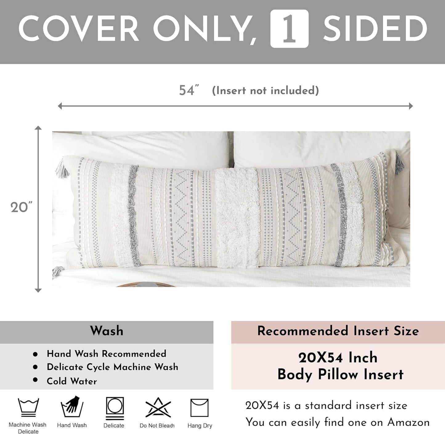 BlissBlush Large Body Pillow Cover for Bed 20x54 Gray Boho Accent Oversized Long Pillowcase for Bedroom Neutral White Decorative Cushion Farmhouse Home Décor (Cover ONLY, Pack of 1)