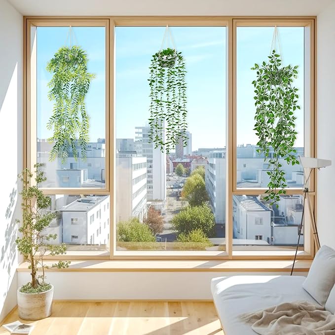 Dremisland Fake Hanging Plants with Pots 2Pack Faux Hanging Basket Plant Macrame Plant Hanger with Fake Vines Faux Hanging Planter for Wall Ceiling Home Bedroom Indoor Decor (Mix Plant-3PCS)