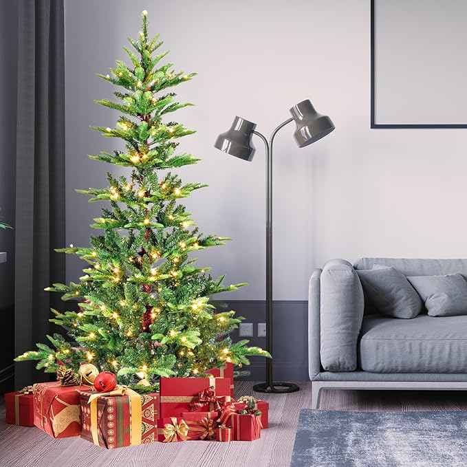 5FT Prelit Artificial Christmas Tree, Premium Douglas Fir Christmas Tree with 180 Warm White Lights & 502 Branch Tips, PE & PVC Mixed Pre Lit Hinged Xmas Trees for Holiday, Party Decoration
