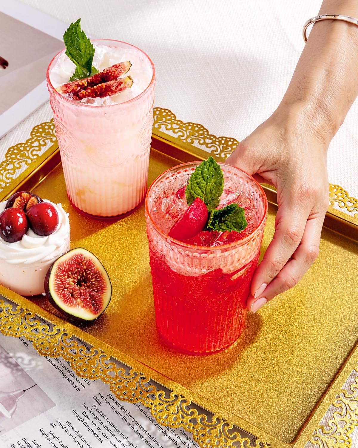 Ciaell 12 Pack Romantic Plastic Water Glasses - 14 Oz Pink Vintage Drinking Glasses, Embossed Ribbed Plastic Cups, Textured Striped Set for Juice, Beverages, Beer, Cocktail