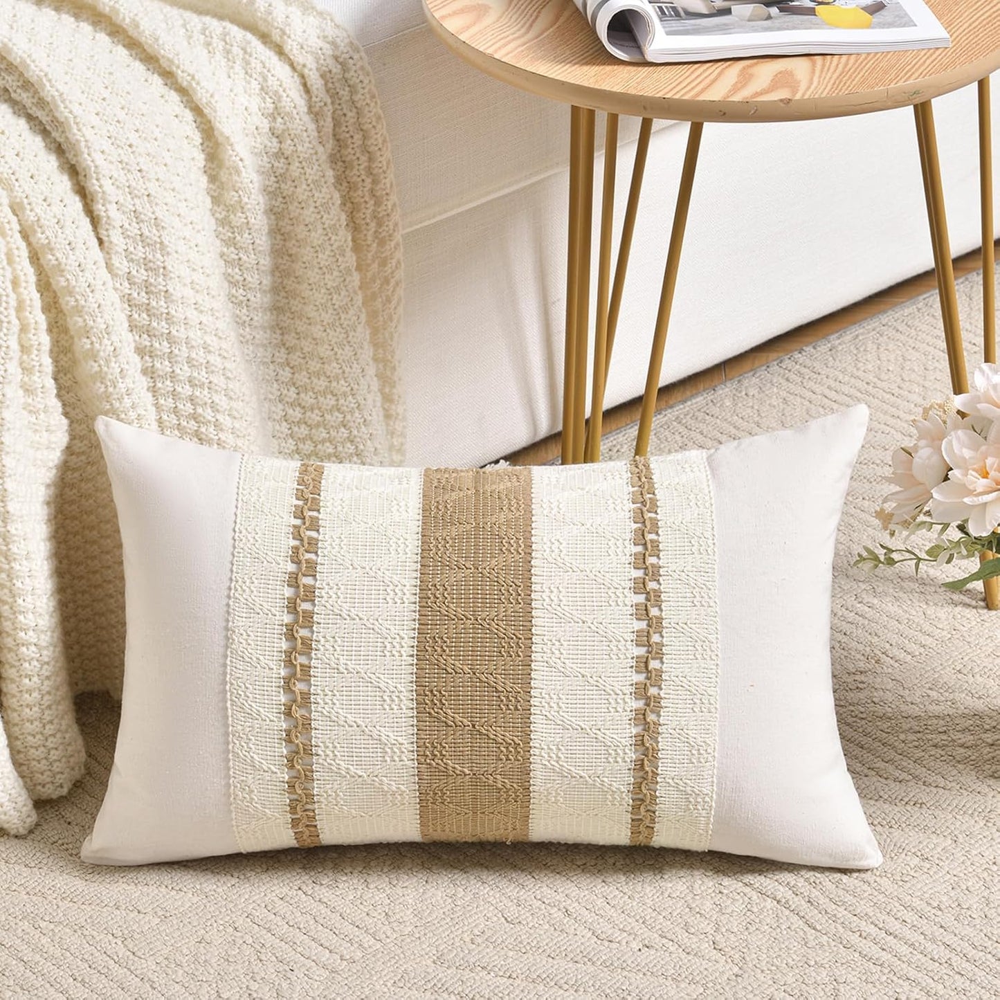 Fancy Homi Set of 1 Neutral Tan Lumbar Decorative Throw Pillow Cover 12x20 Inch for Couch Bed Sofa Chair, Modern Organic Farmhouse Boho Home Decor, Soft Cotton Cute Accent Taupe Rectangle Cushion Case
