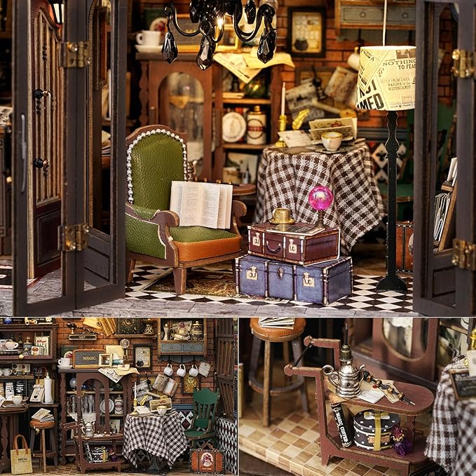 TuKIIE DIY Miniature Dollhouse Kit with Furniture, 1:24 Scale Creative Room Opened & Closed Wooden Doll House Plus Dust Proof for Kids Teens Adults(Vintage Coffee Shop)