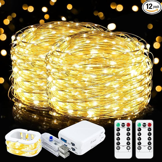 ZGWJ USB Fairy Lights Battery Powered Dual Power with Remote Timer, 2 Pack 50 LED 16FT Twinkle String Lights 8 Modes Waterproof for Bedroom,Halloween,Christmas,Parties Wedding Decoration Warm White