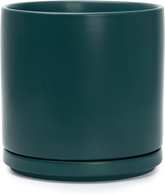 D'vine Dev 10 Inch Ceramic Planter Pot with Drainage Hole and Saucer, Indoor Cylinder Round Planter Pot, Teal, 94-O-E-9