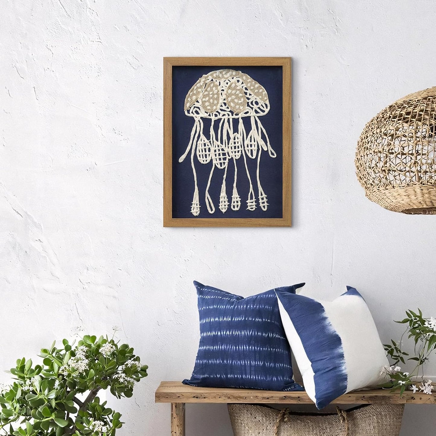 FOLKOR Framed Coastal Wall Art Decor for Living Room Bedroom, 12x16 3D Handmade Rice Paper Jellyfish Wall Hanging Sculpture, Ocean Blue Shadow Box Art for Modern Eclectic Bathroom Dining Room Nursery