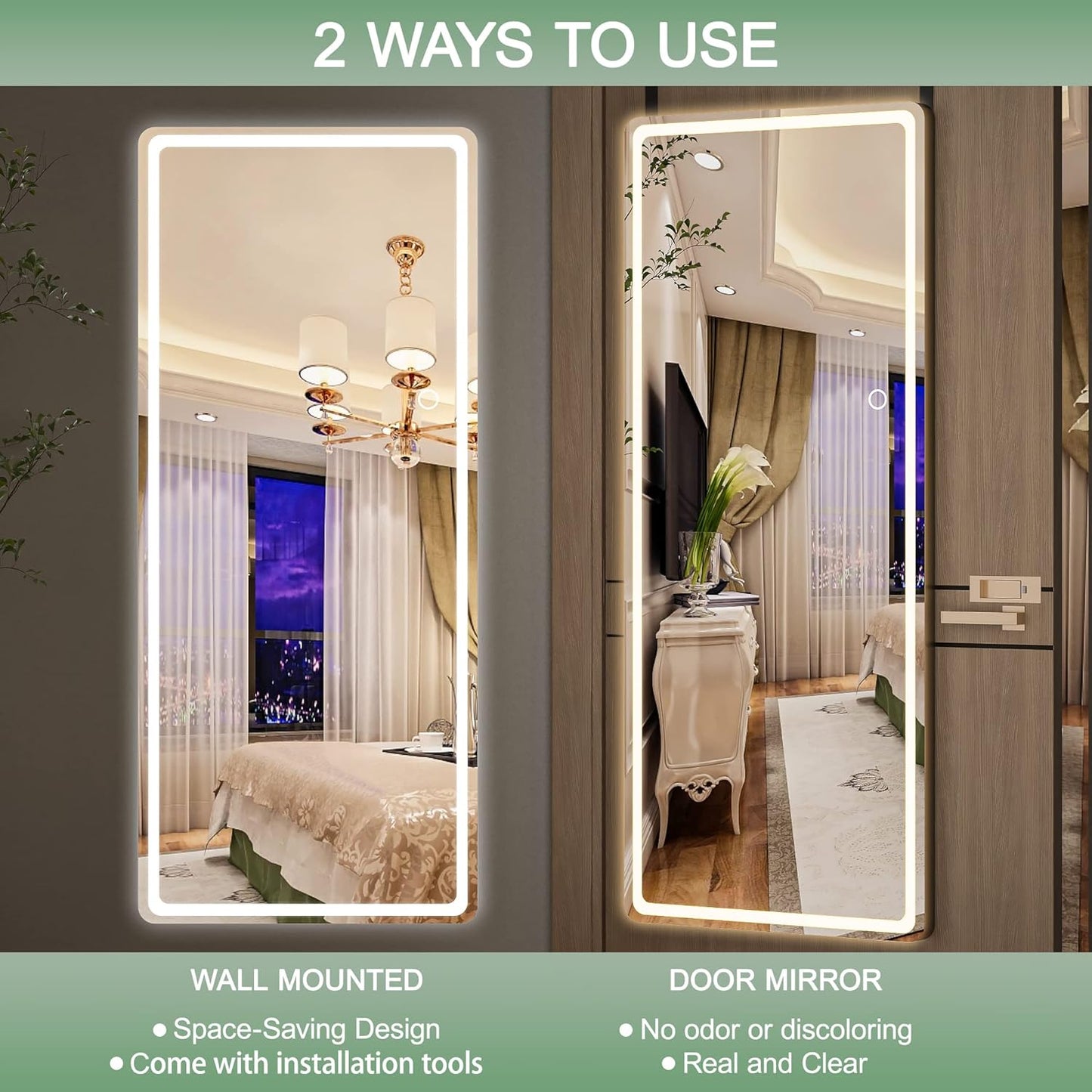 Hasipu 47 x 18 Over The Door Full Length Mirror with Lights for Bedroom, Living Room, Cloakroom, Black