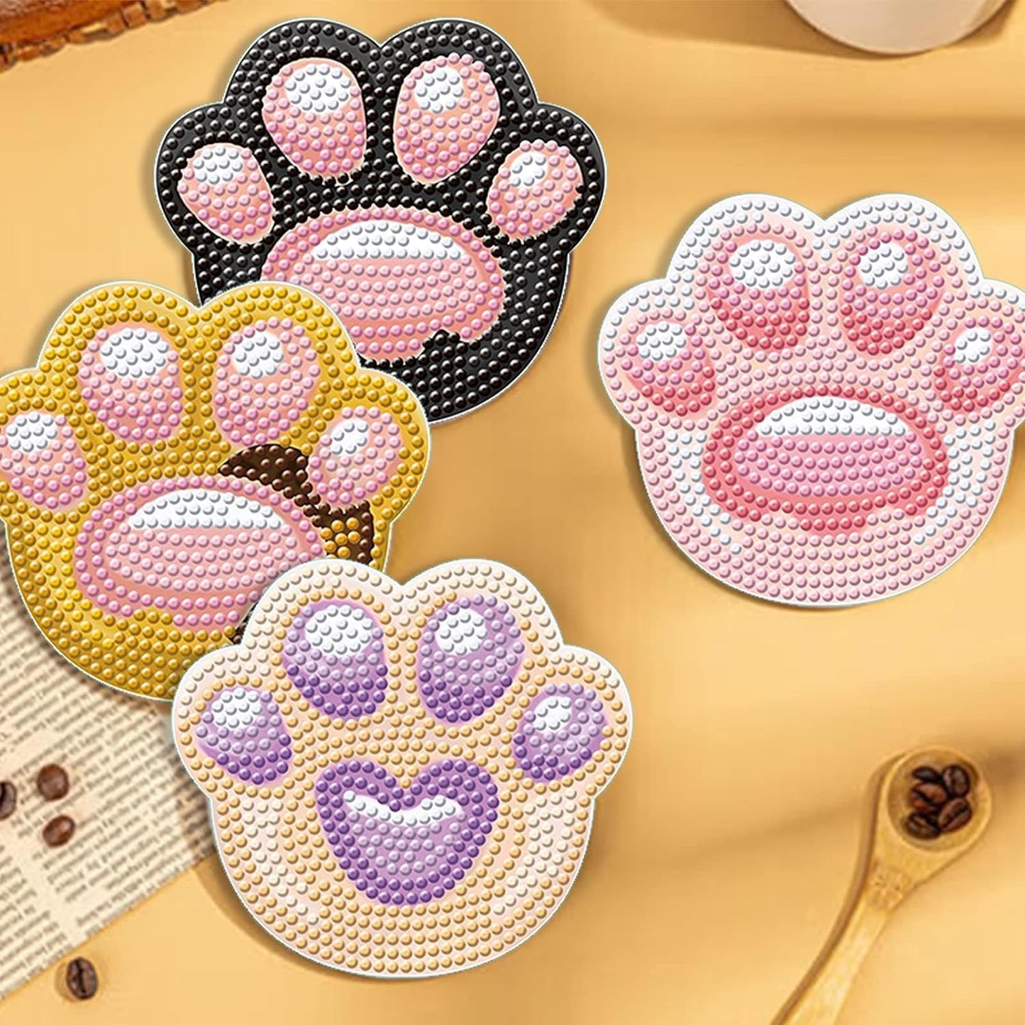 DOZEEZOP 6 PCS Diamond Art Coasters Kit, Diamond Painting Coasters, Fall Diamond Art Kits for Adults Beginners, Arts and Crafts Supplies Party Item Sets Not with Holder Cat's Paw