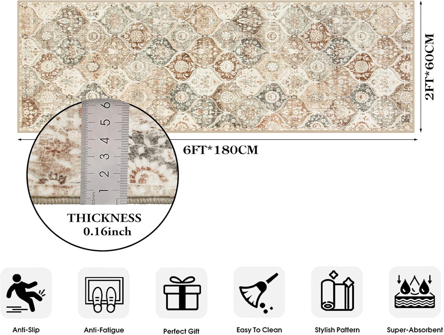 Lahome Moroccan Trellis Hallway Runner Rug, 2x6 Kitchen Runner Rugs Non Skid Washable, Vintage Laundry Room Rug Ultra-Thin Long Carpet for Bathroom Bedroom Entryway, Khaki