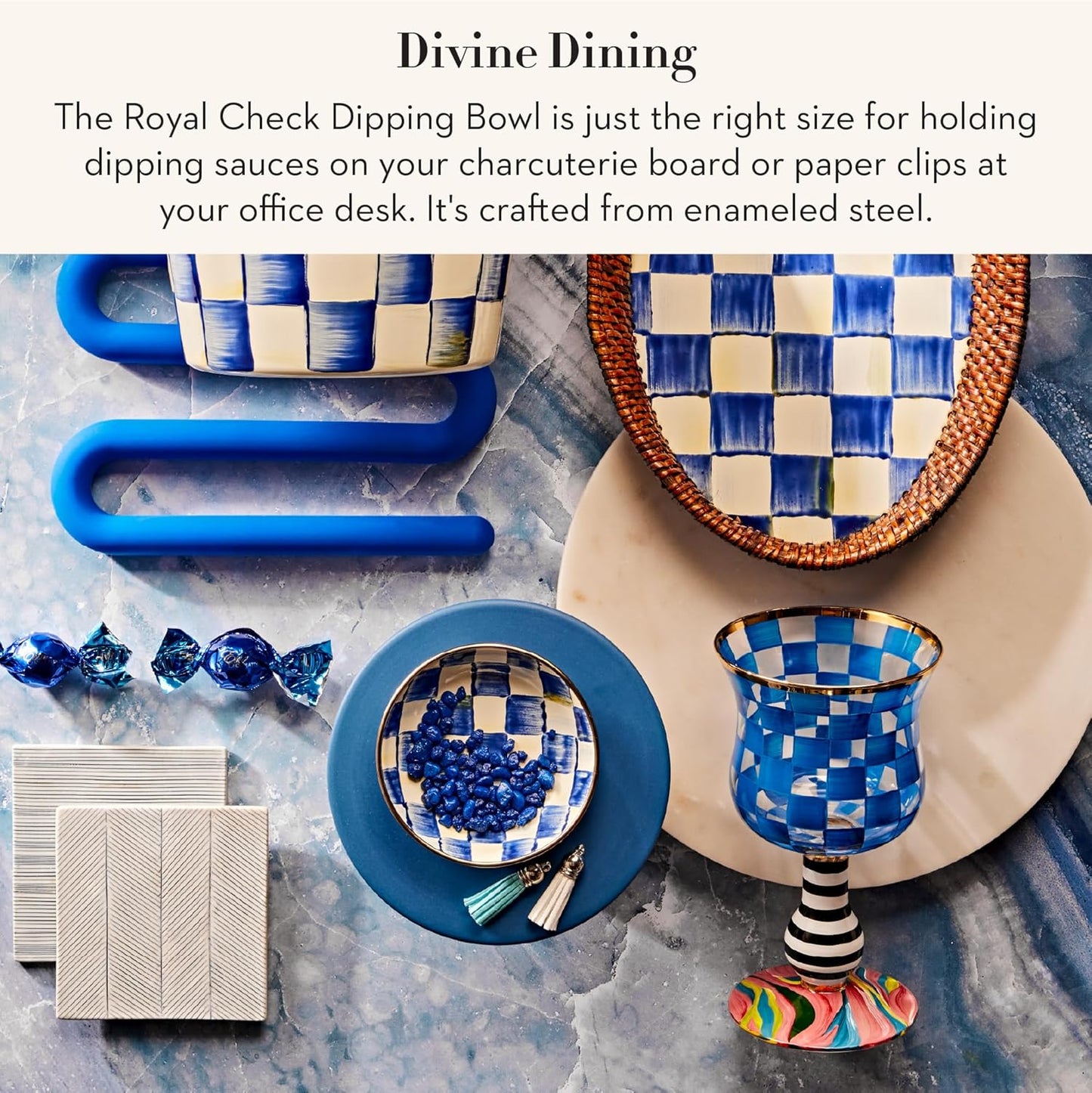 MACKENZIE-CHILDS Enamel Dipping Bowl, Small Serving Bowl for Entertaining, Blue-and-White Royal Check