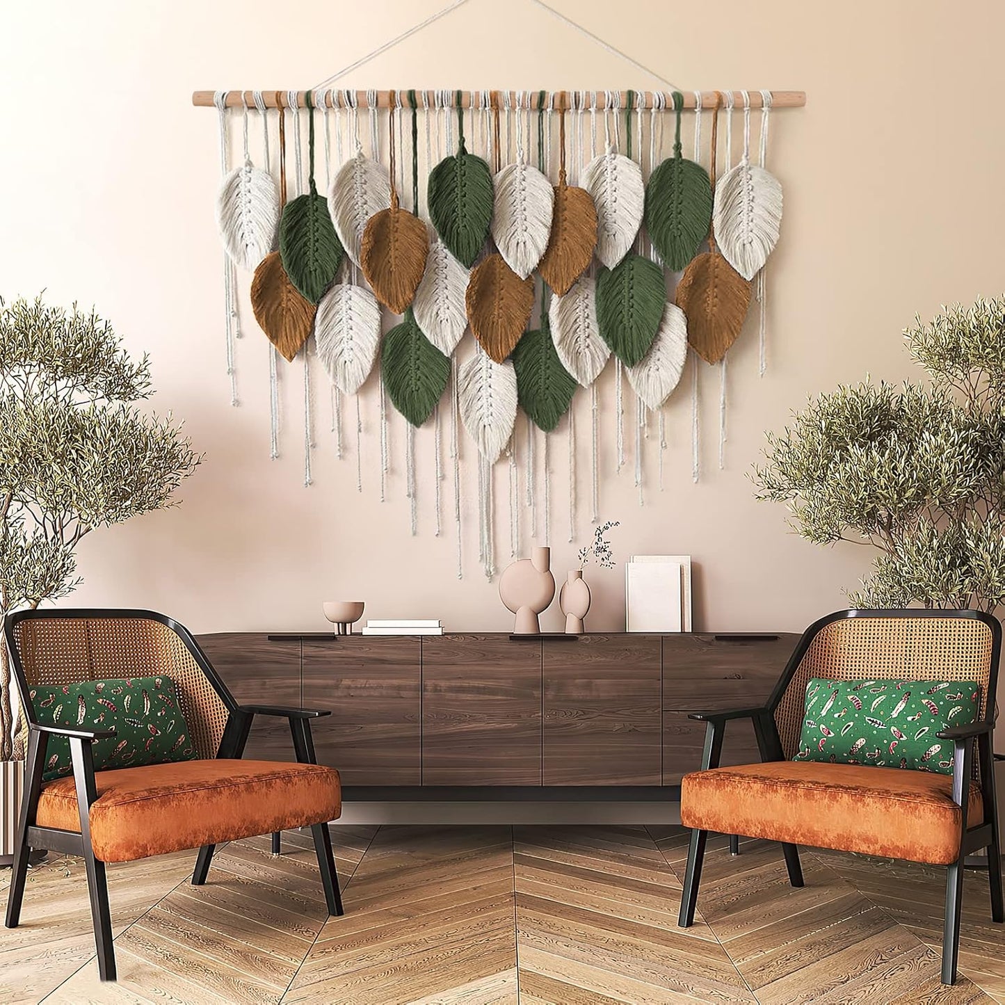 KHOYIME Large Macrame Wall Hanging Boho Woven Tapestry, Chic Home Decor Modern Bohemian Handmade Leaf Feather Wall Art Decorations for Apartment Dorm Living Room Bedroom Nursery Backdrop 39"W X 29.5"L