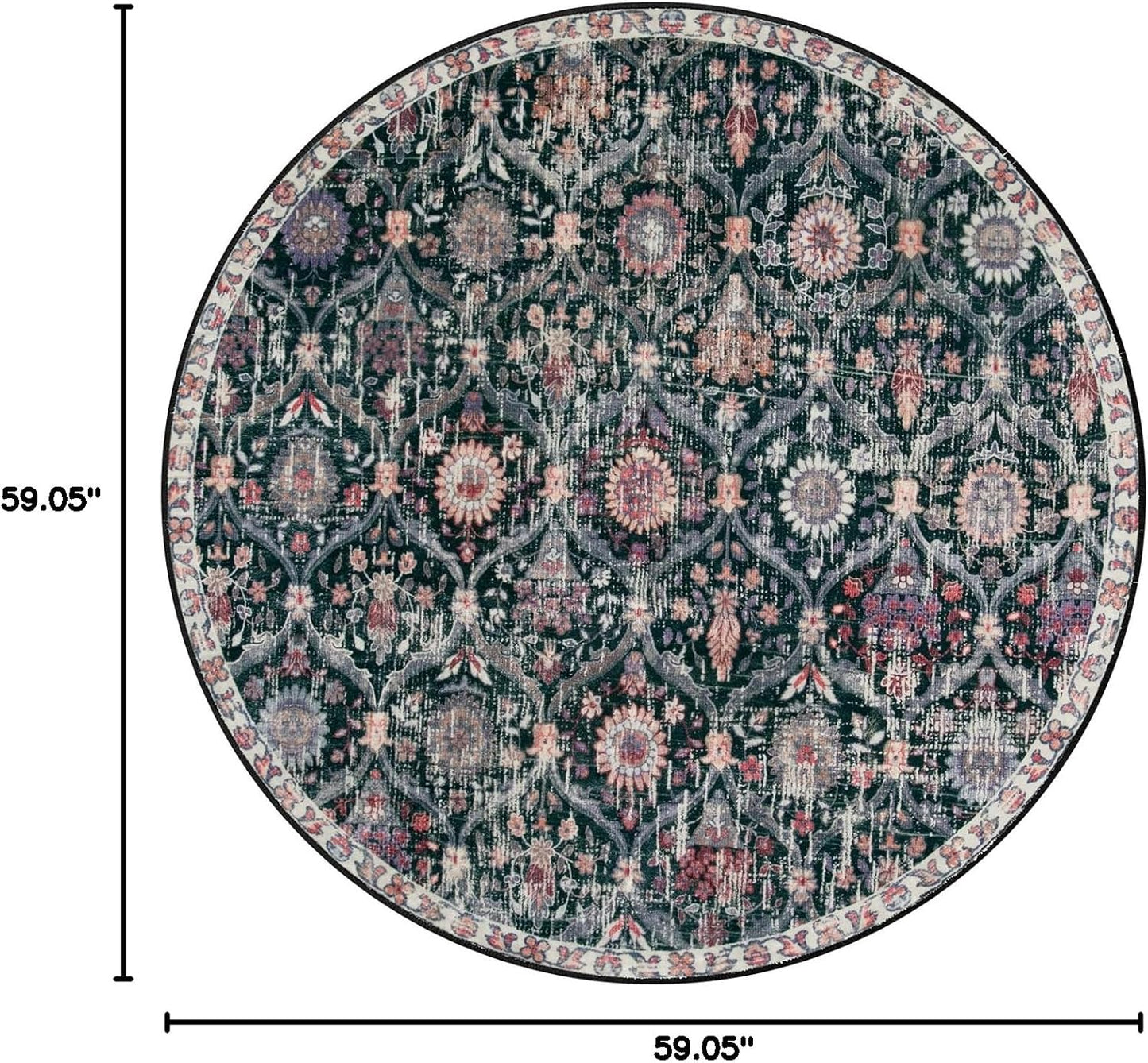 Lahome Moroccan Trellis Washable Round Area Rug, Round Rug 5ft Soft Non-Slip, Non-Shedding Distressed Circle Carpet for Bedroom Living Room Bathroom Nursery Kitchen, Black/Multi