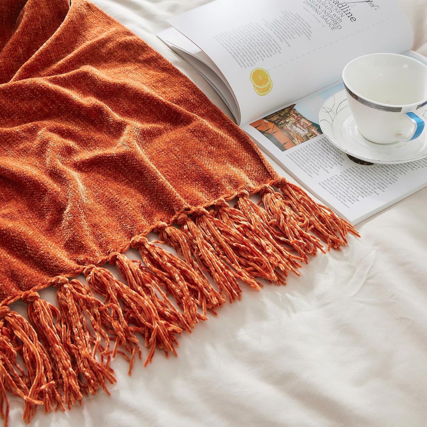 CozeCube Chenille Throw Blanket for Couch, Cozy Plush Fuzzy Decorative Rust Orange Blanket with Fringe Tassels, Lightweight Throws for Bed Sofa Gift Home Decor, 50"X60"