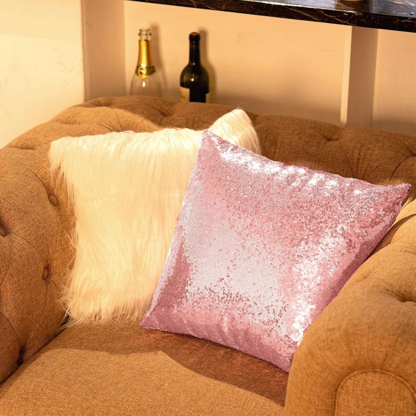 Irenare 4 Pcs Sequin and Fluffy Pillow Covers Winter Throw Pillow Cases Soft Cushion Cover for Couch Bed Sofa Xmas Day(18 x 18 Inch,Pink, White)