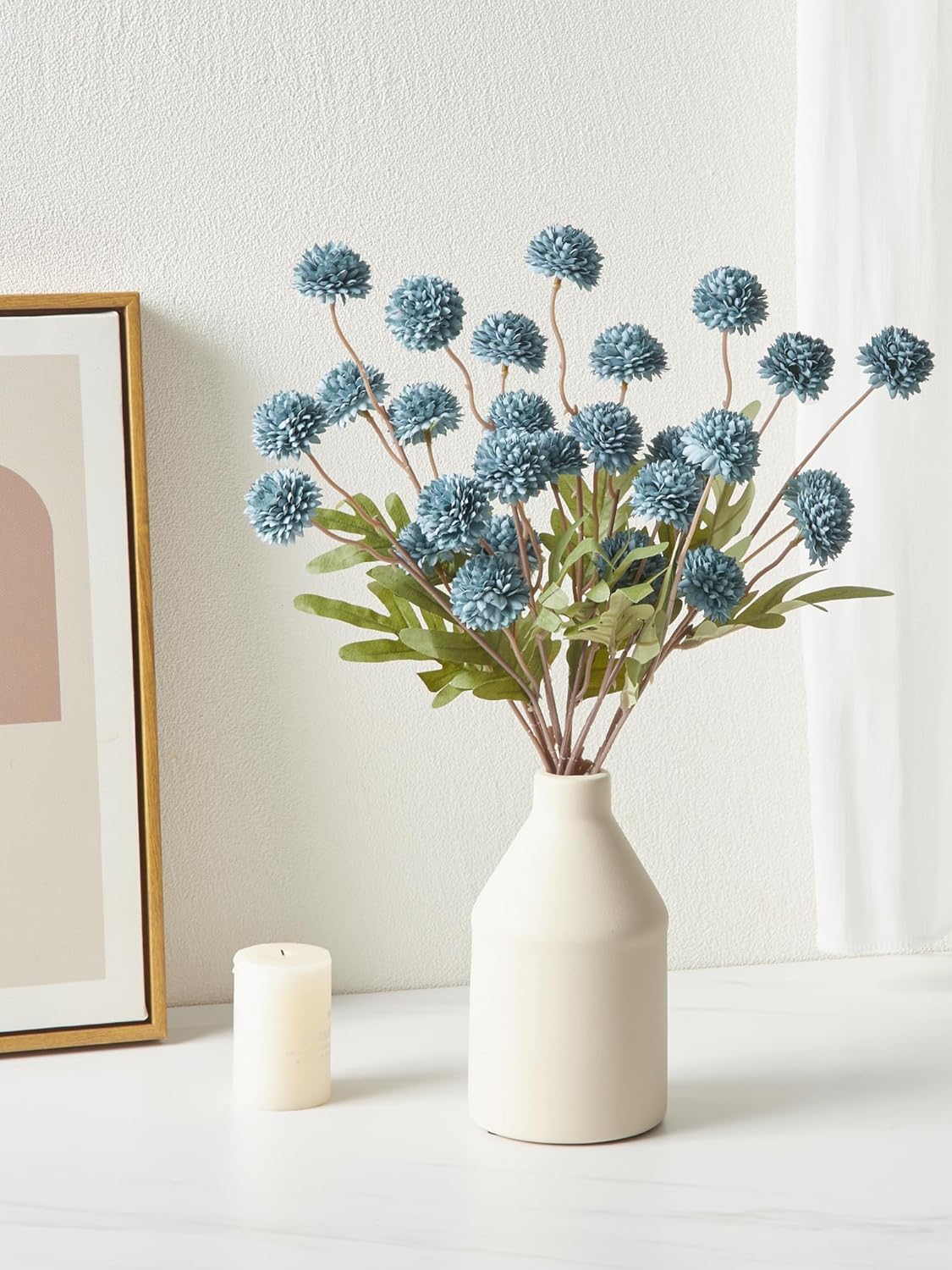 InnoGear Silk Flowers Pompon Mums Artificial Flowers, 5pcs 25 Heads Fake Mini Chrysanthemums with Long Stems Bulk Faux Kiku Flower for Decoration Memorial DIY Wedding Bouquets Centerpieces, Dusty Blue