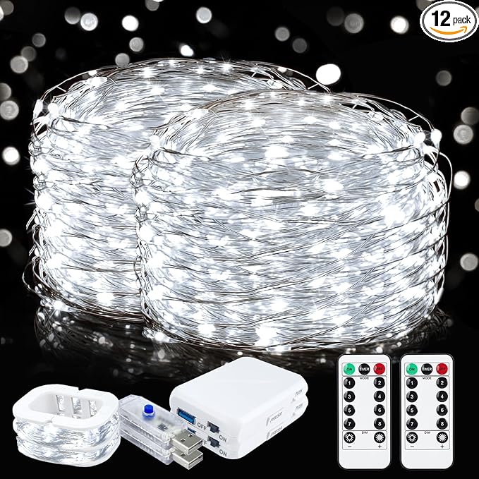 ZGWJ USB Fairy Lights Battery Powered Dual Power with Remote Timer, 2 Pack 50 LED 16FT Twinkle String Lights 8 Modes Waterproof for Bedroom,Halloween,Christmas,Parties Wedding Decoration White