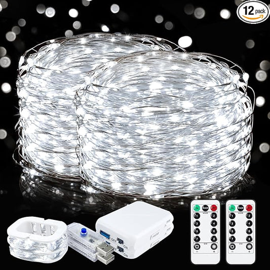ZGWJ USB Fairy Lights Battery Powered Dual Power with Remote Timer, 2 Pack 50 LED 16FT Twinkle String Lights 8 Modes Waterproof for Bedroom,Halloween,Christmas,Parties Wedding Decoration White