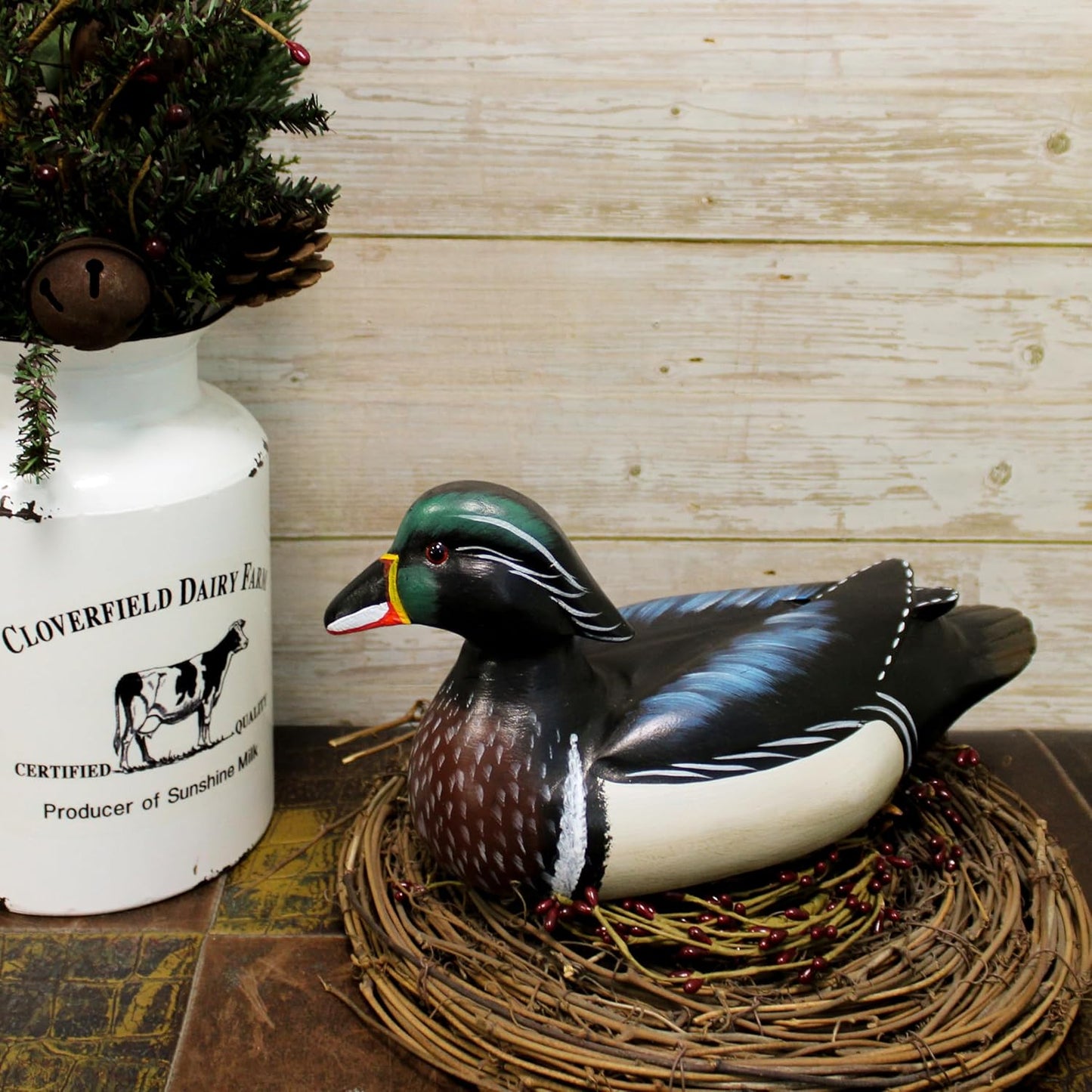CVHOMEDECO. Primitives Hand Engraving and Painted Wood Wild Duck Farmhouse Figurine Mallard Decorative Accent, 12 Inch