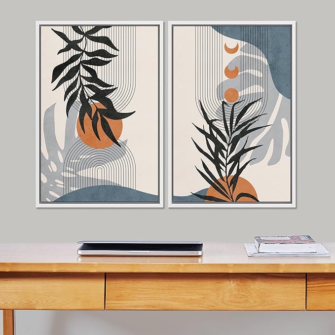 SIGNFORD Framed Canvas Print Wall Art Forest Plant Silhouettes & Mid-Century Symbols Abstract Shapes Illustrations Modern Boho Nature Chic for Living Room, Bedroom, Office - 16"x24"x2 White