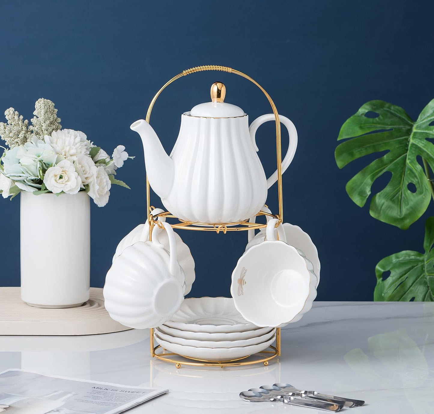 CLAY TONIC-- 8 OZ Fine China White Coffee Cup/Teacup Set, Cups & Saucer, with Teapot-Sugar Bowl-Cream Pitcher Teaspoons and tea strainer for Tea/Coffee,17-Pieces- Service for 4 (White)