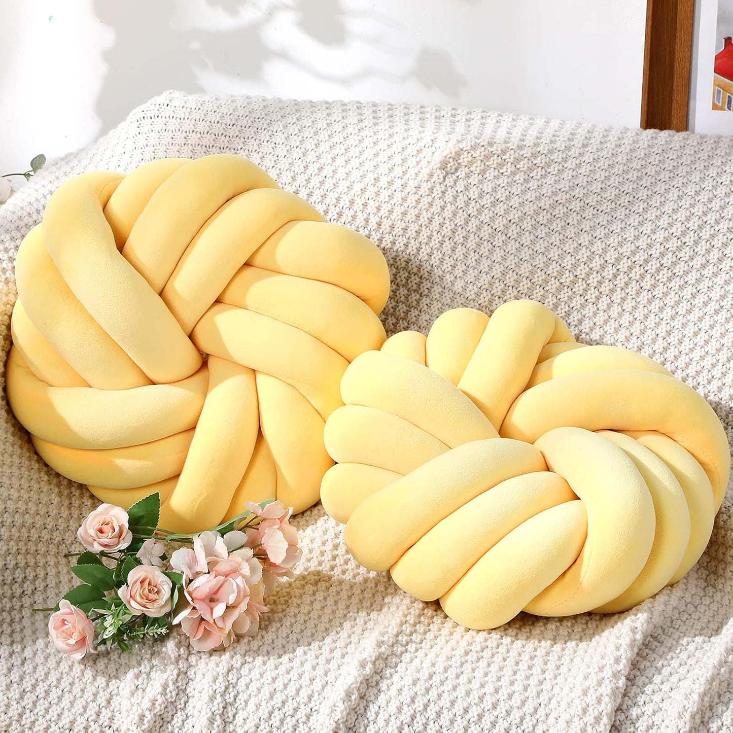 Fumete 2 Pcs 14 Inches Knot Pillow Round Throw Soft Plush Knot Ball Pillow Handmade Knotted Modern Home Decorative Cushion for Bed Bedroom, Sofa, Couch (Yellow)
