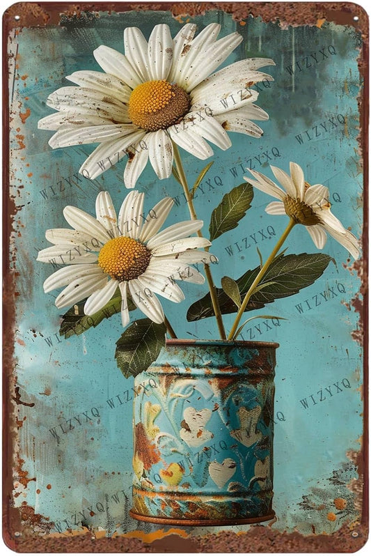 Metal Signs White Daisy Flower Vintage Metal Tin Sign for Home Office Kitchen Bar Cafe Garden Farmhouse Wall Decor 12x8 Inch