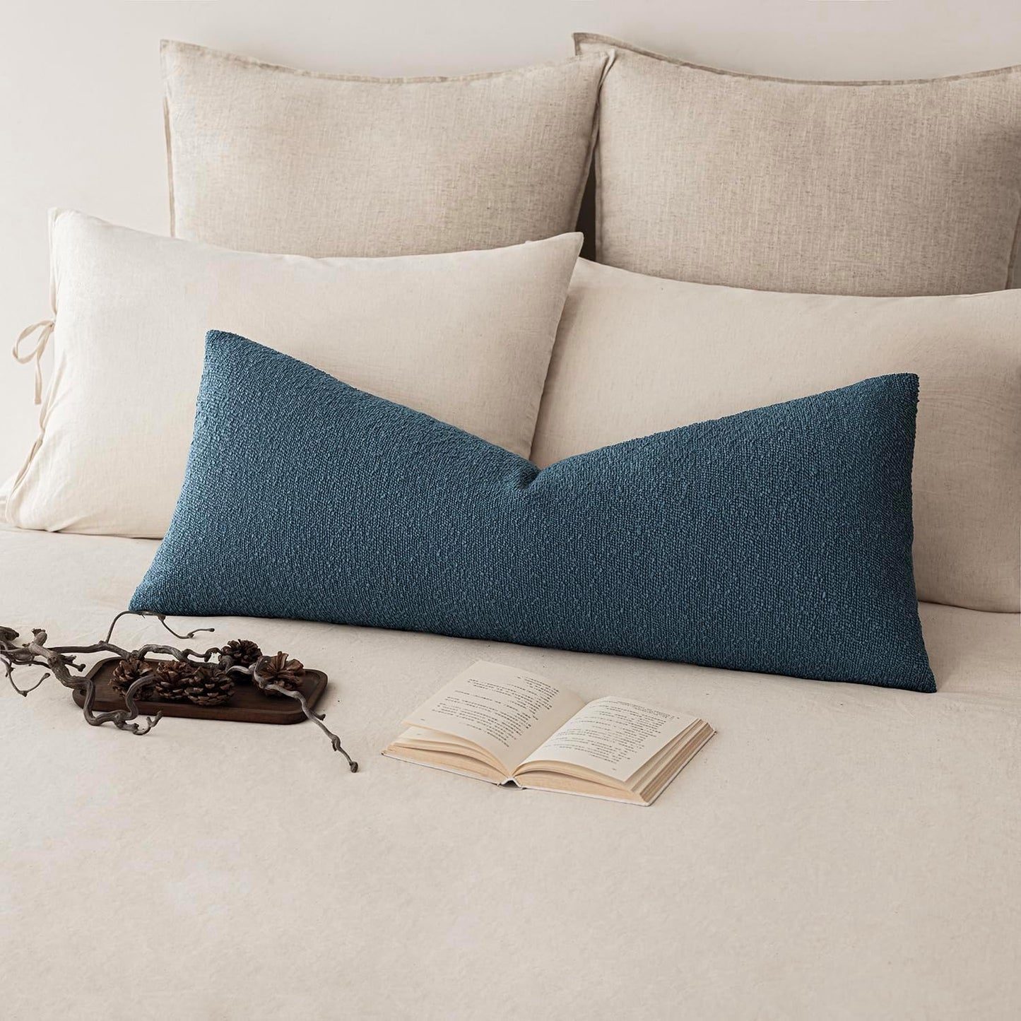 Foindtower Decorative Textured Boucle Throw Pillow Covers Accent Solid Pillow Cases Neutral Long Body Lumbar Couch Cushion Case for Chair Sofa Bedroom Living Room Home Decor 14x36 Inch,1PC,Blue